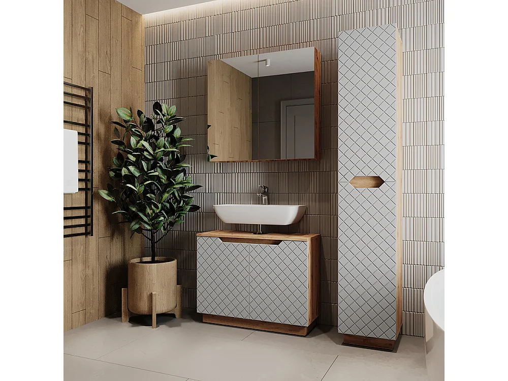 Badmöbel-Set eiche/grau mit kachelstruktur 79.6x32x62.1 lotta