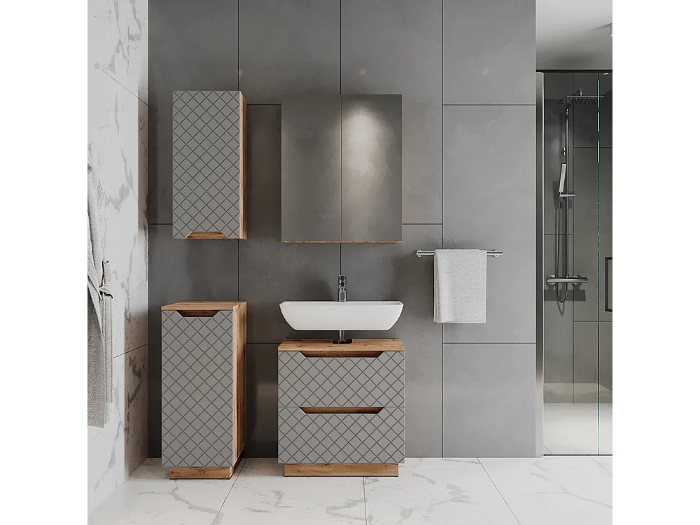 Badmöbel-Set eiche/grau mit kachelstruktur 59.8x32x62.5 lotta