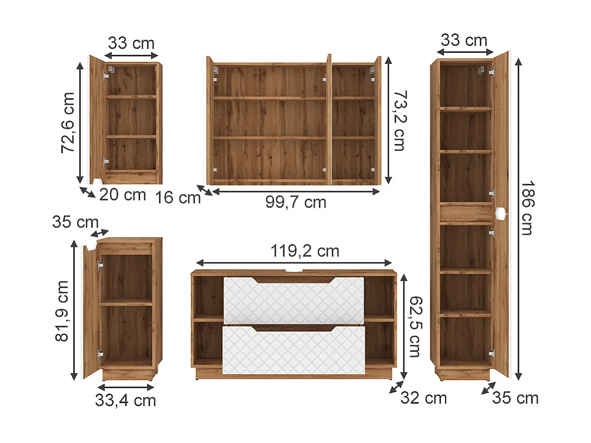 Meubles bain chêne/blanc avec structure en carreaux 119.2x35x62.5 lotta