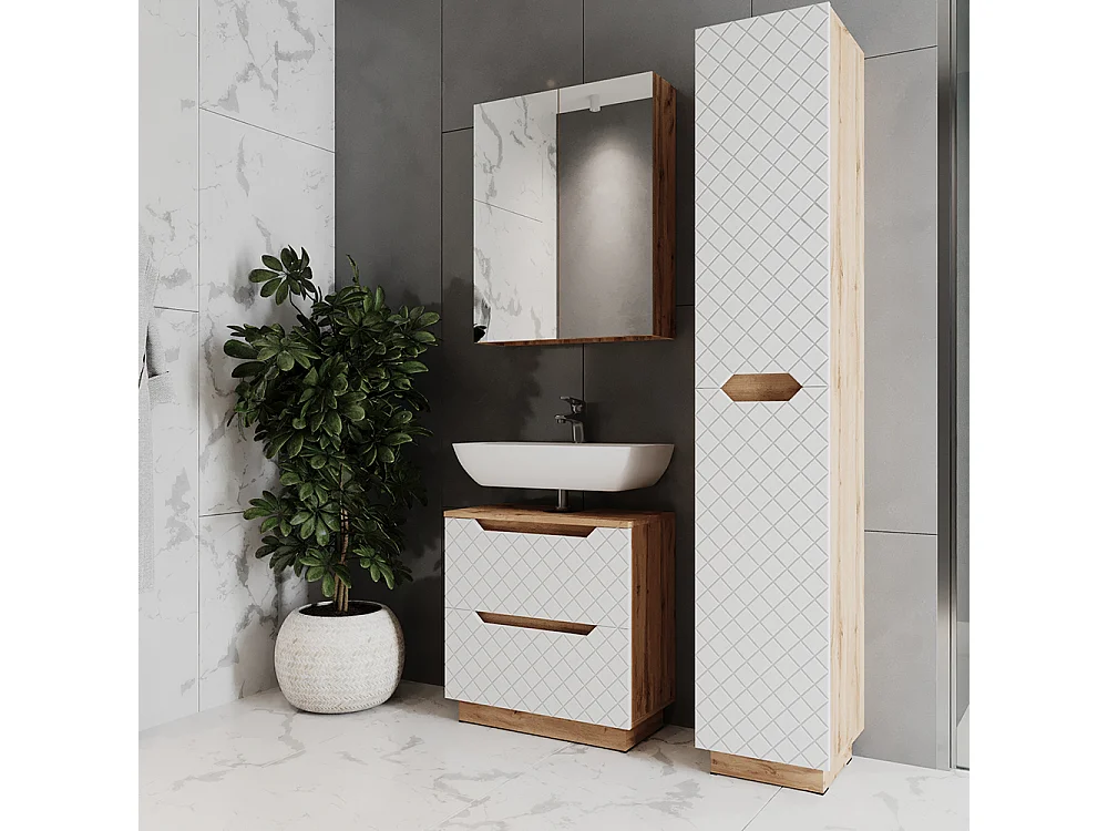 Badkamermeubelset eiken/wit met tegelstructuur 59.8x32x62.5 lotta