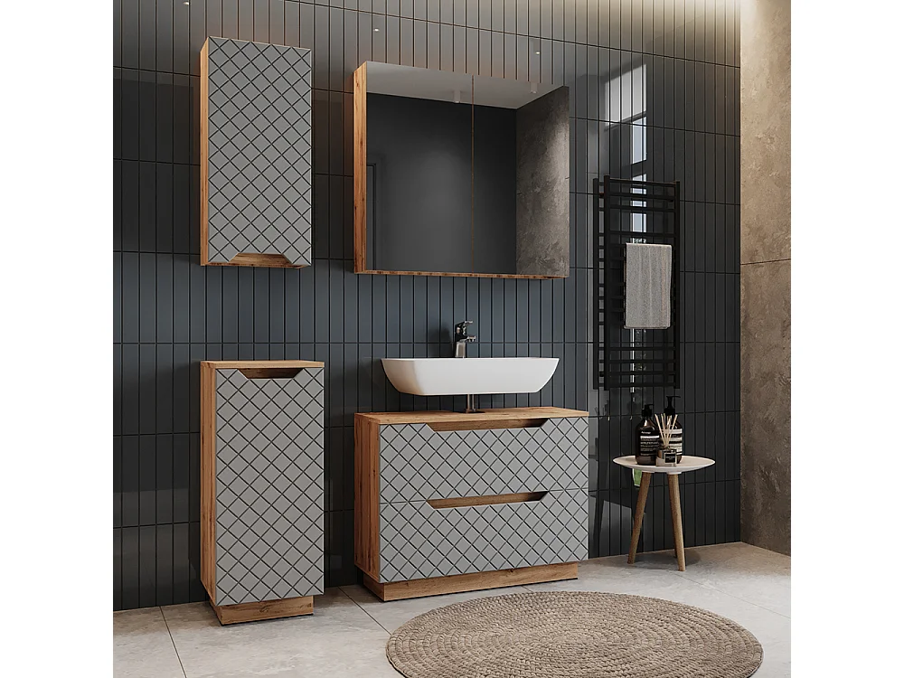 Badmöbel-Set eiche/grau mit kachelstruktur 79.6x32x62.5 lotta