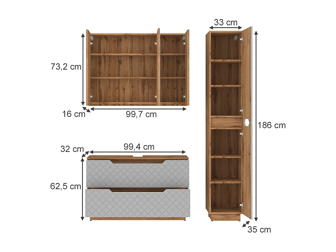 Badmöbel-Set eiche/grau mit kachelstruktur 99.4x32x62.5 lotta