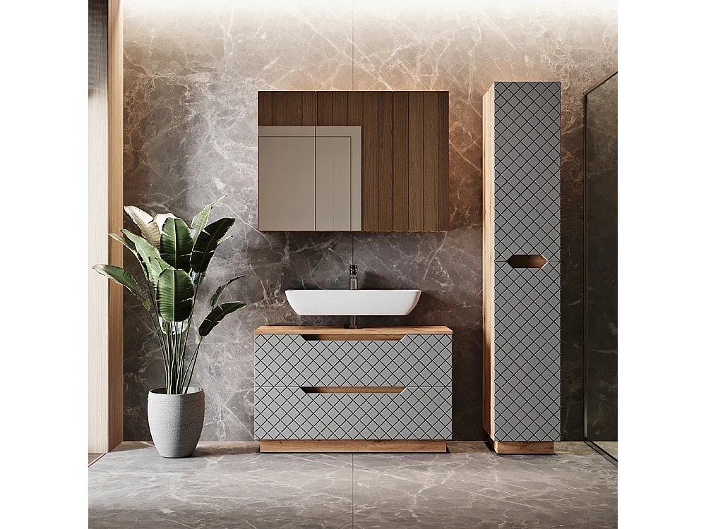 Badmöbel-Set eiche/grau mit kachelstruktur 99.4x32x62.5 lotta