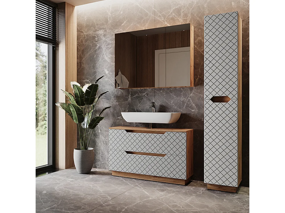 Badmöbel-Set eiche/grau mit kachelstruktur 99.4x32x62.5 lotta