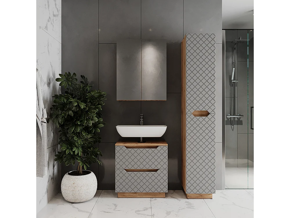 Badkamermeubelset eiken/grijs met tegelstructuur 59.8x32x62.5 lotta