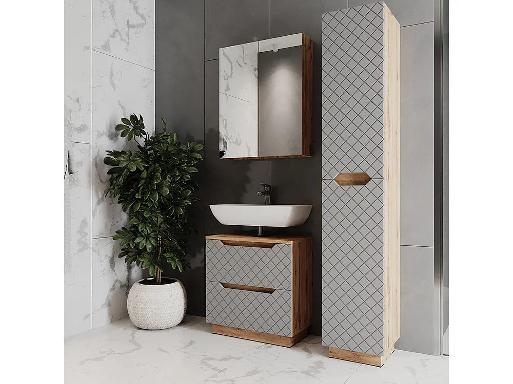Badkamermeubelset eiken/grijs met tegelstructuur 59.8x32x62.5 lotta