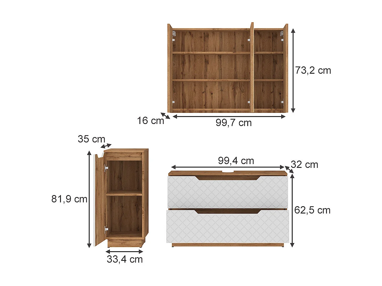 Set di mobili da bagno rovere/bianco con struttura in piastrelle 99.4x32x62.5 lotta
