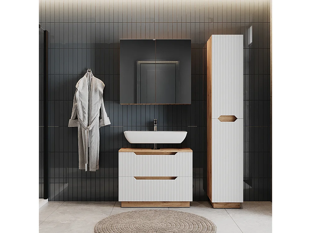 Badkamermeubelset eiken/wit gestreept 79.6x32x62.5 lotta