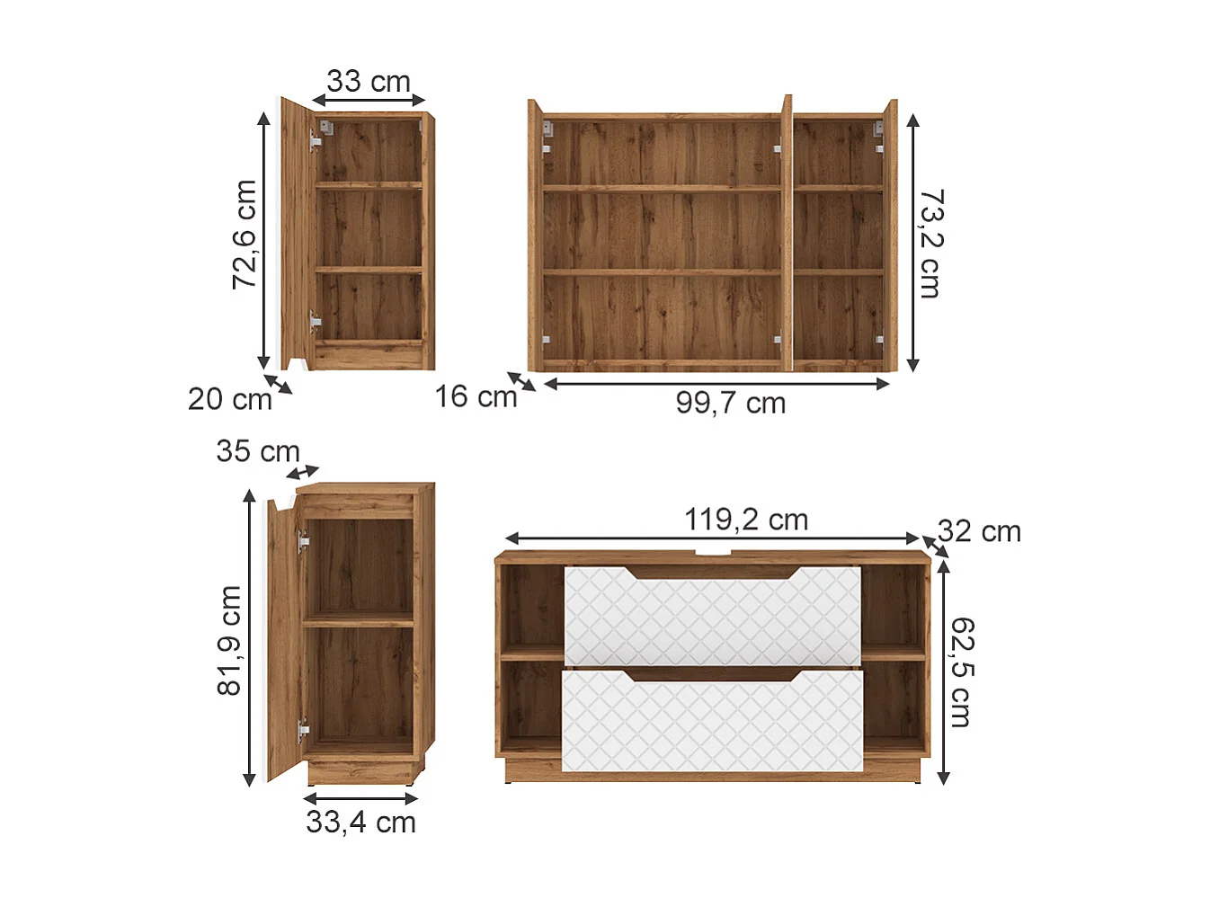 Meubles bain chêne/blanc avec structure en carreaux 119.2x35x62.5 lotta