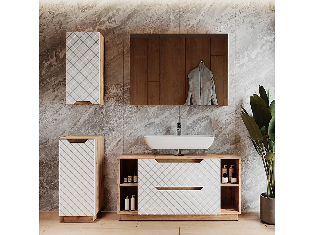 Meubles bain chêne/blanc avec structure en carreaux 119.2x35x62.5 lotta