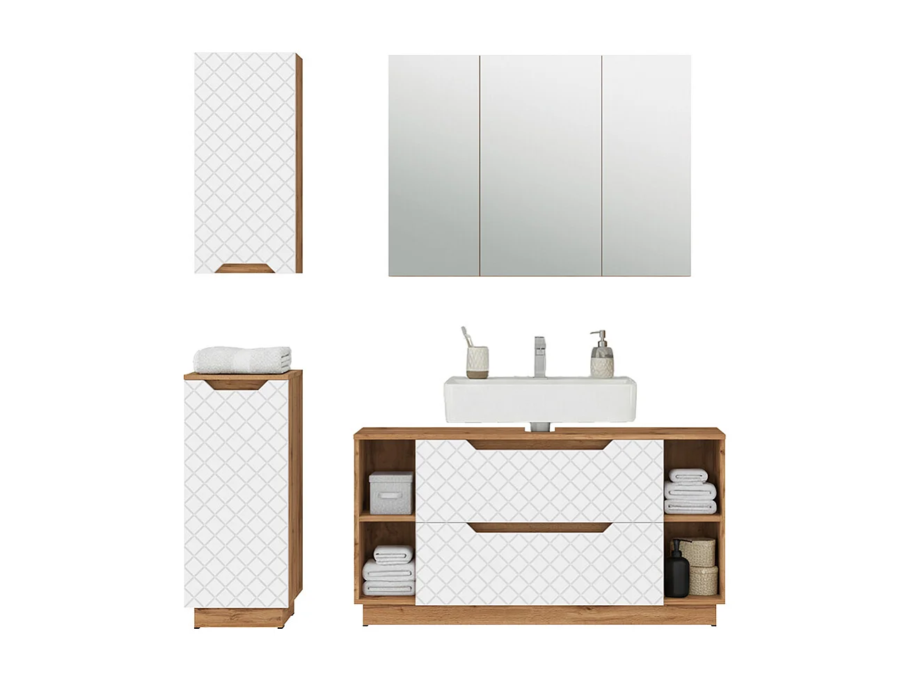 Meubles bain chêne/blanc avec structure en carreaux 119.2x35x62.5 lotta