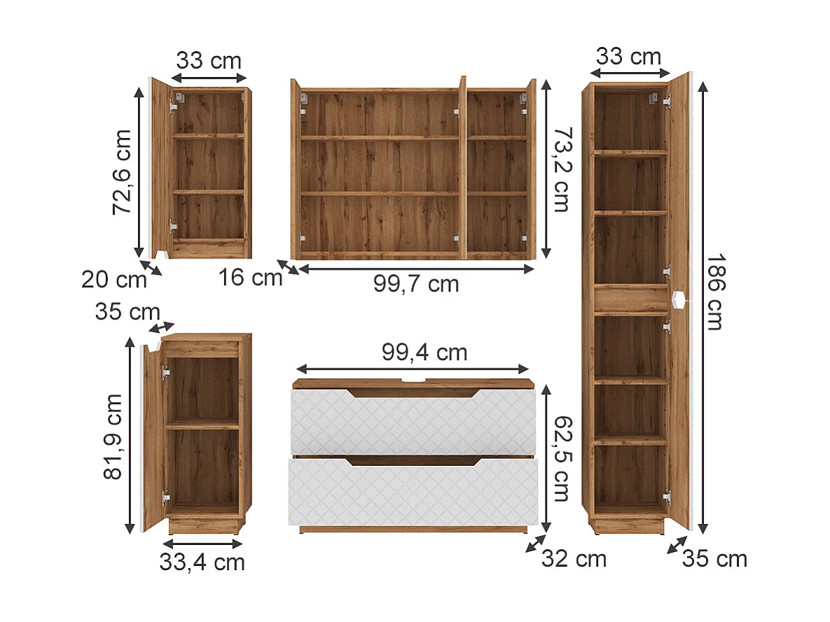 Bathroom furniture set oak/white with tile structure 99.4x32x62.5 lotta