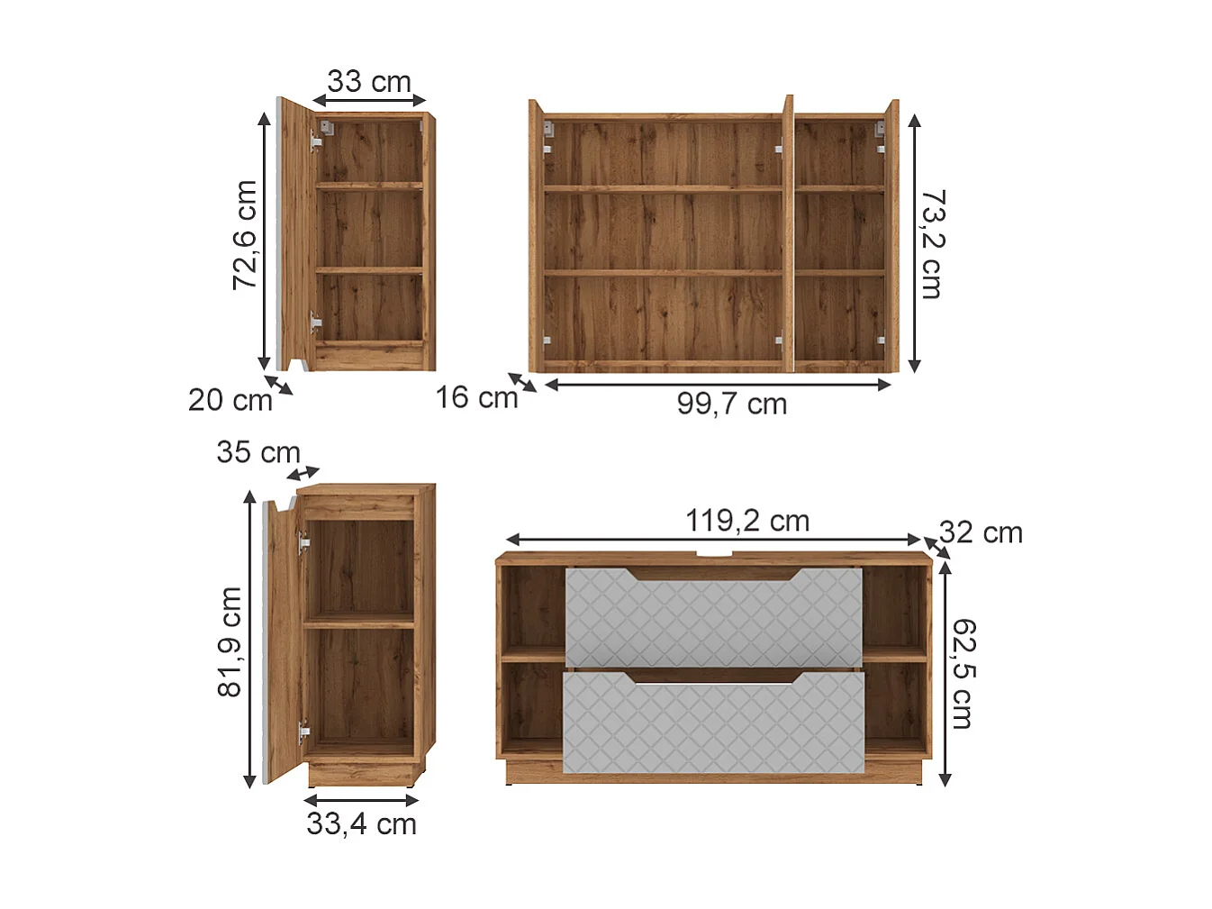 Meubles bain chêne/gris avec structure en carreaux 119.2x35x62.5 lotta