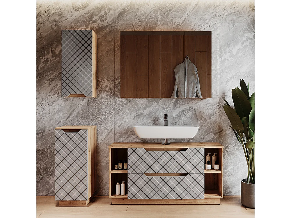Meubles bain chêne/gris avec structure en carreaux 119.2x35x62.5 lotta