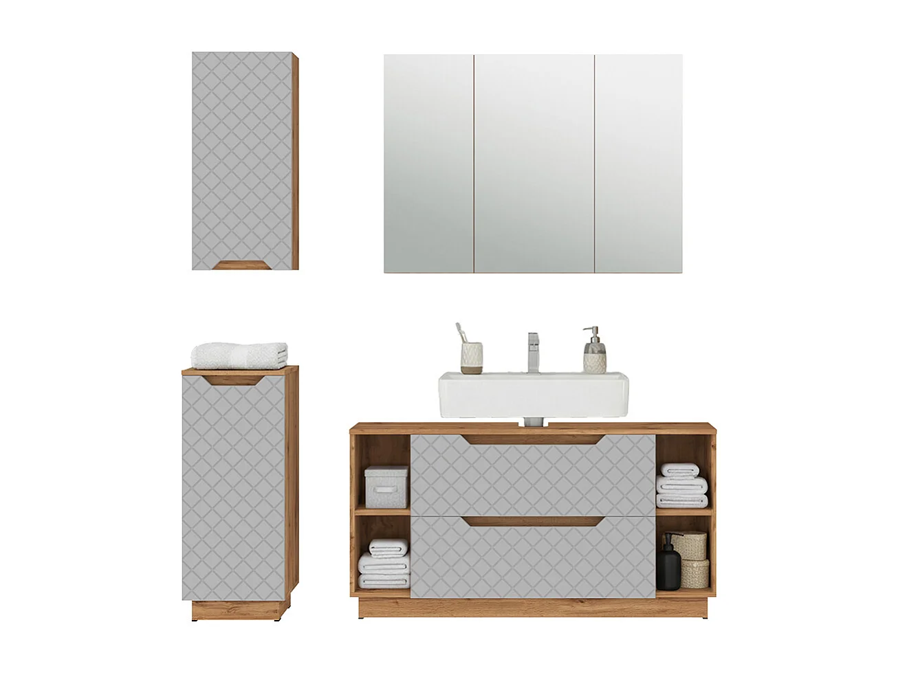 Meubles bain chêne/gris avec structure en carreaux 119.2x35x62.5 lotta