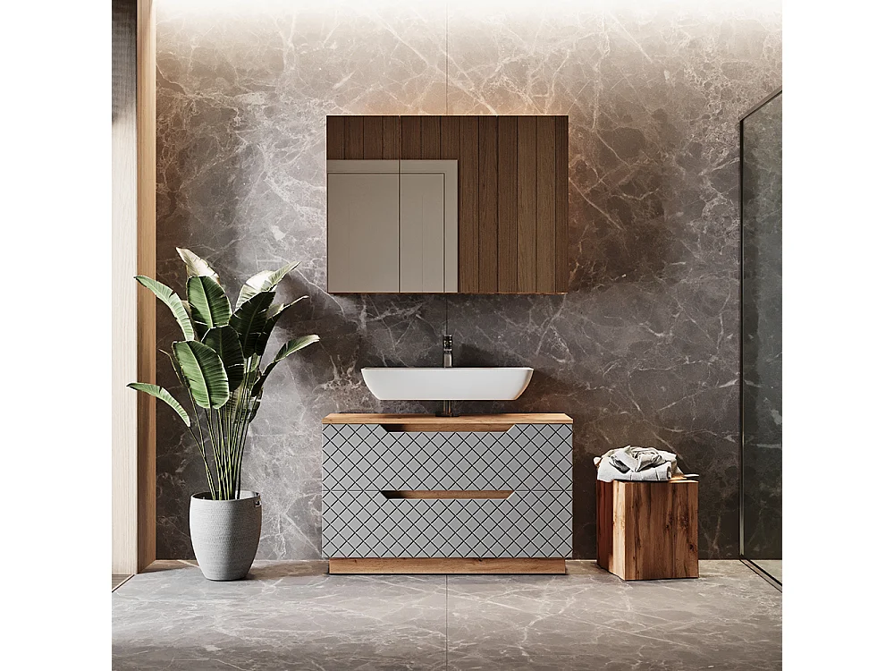 Badmöbel-Set eiche/grau mit kachelstruktur 99.4x32x62.5 lotta