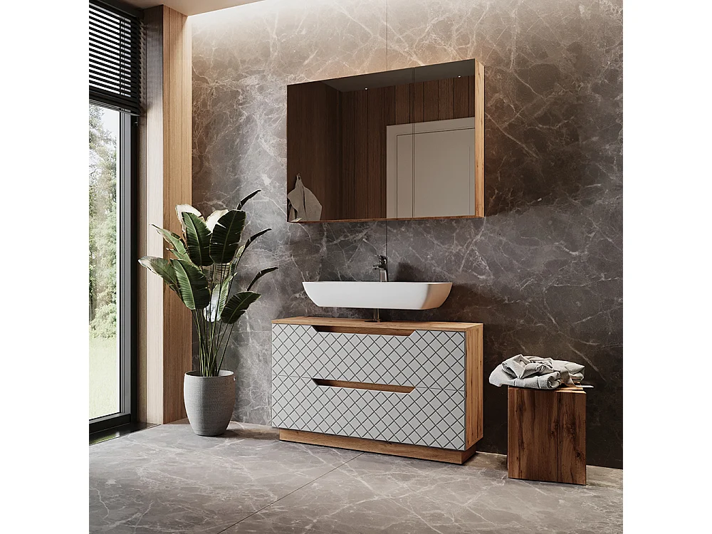 Badmöbel-Set eiche/grau mit kachelstruktur 99.4x32x62.5 lotta