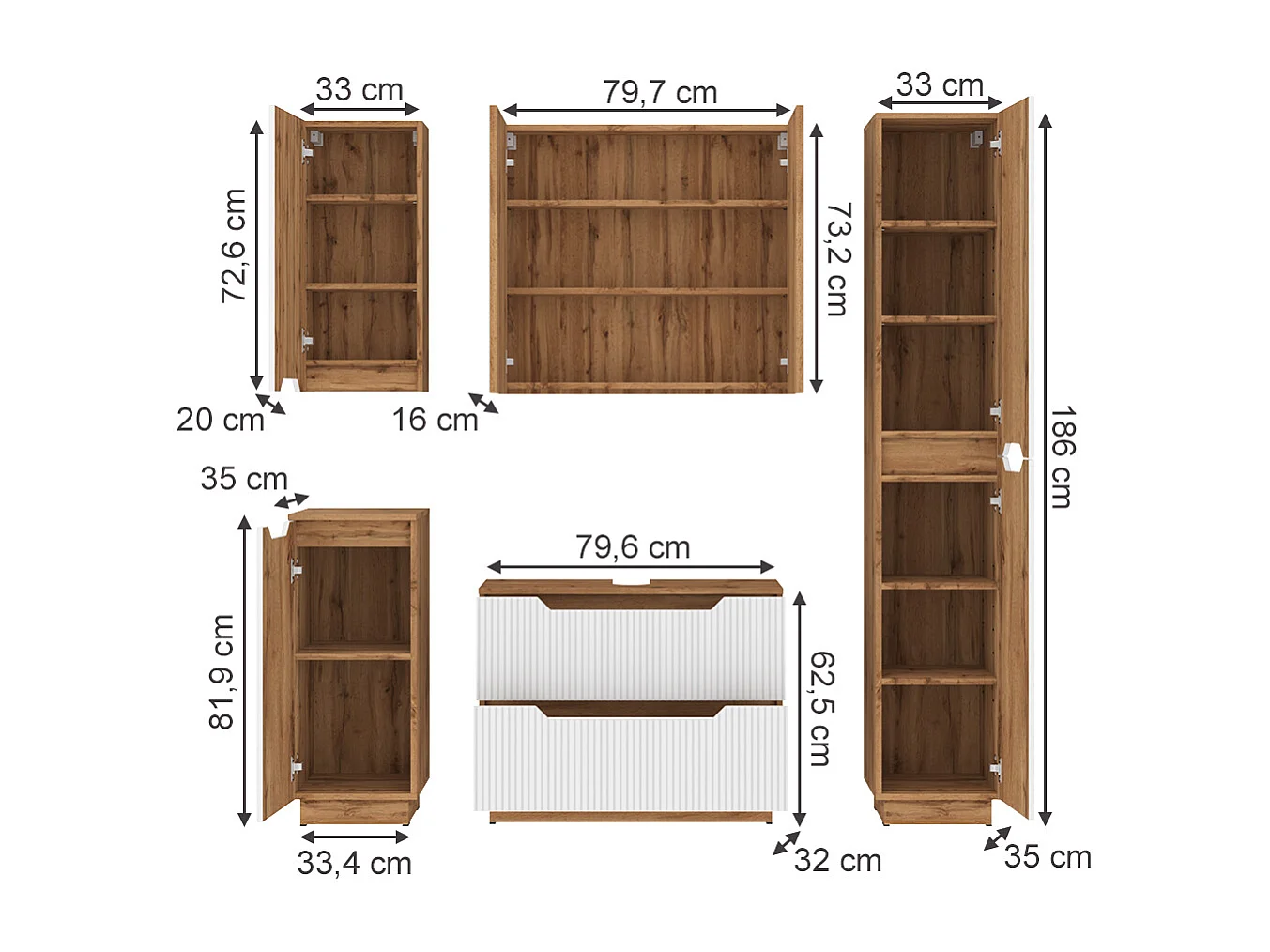 Badkamermeubelset eiken/wit gestreept 79.6x32x62.1 lotta