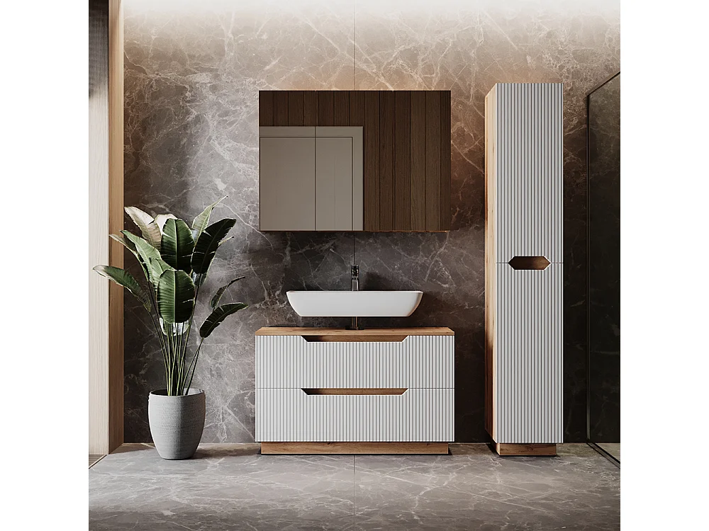 Badkamermeubelset eiken/wit gestreept 99.4x32x62.5 lotta