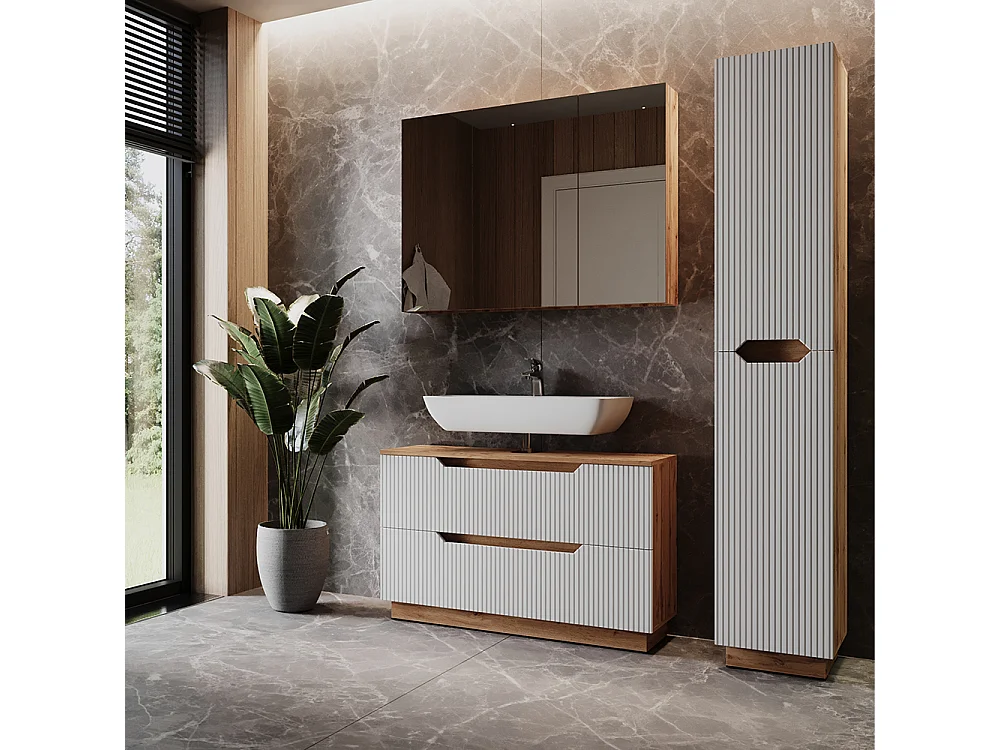 Badkamermeubelset eiken/wit gestreept 99.4x32x62.5 lotta