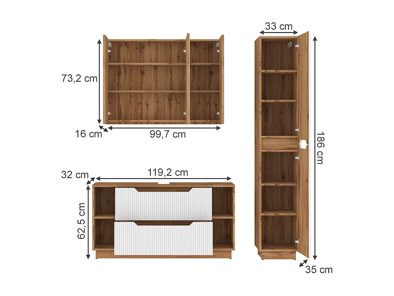 Set di mobili da bagno rovere/bianco a strisce 119.2x35x62.5 lotta