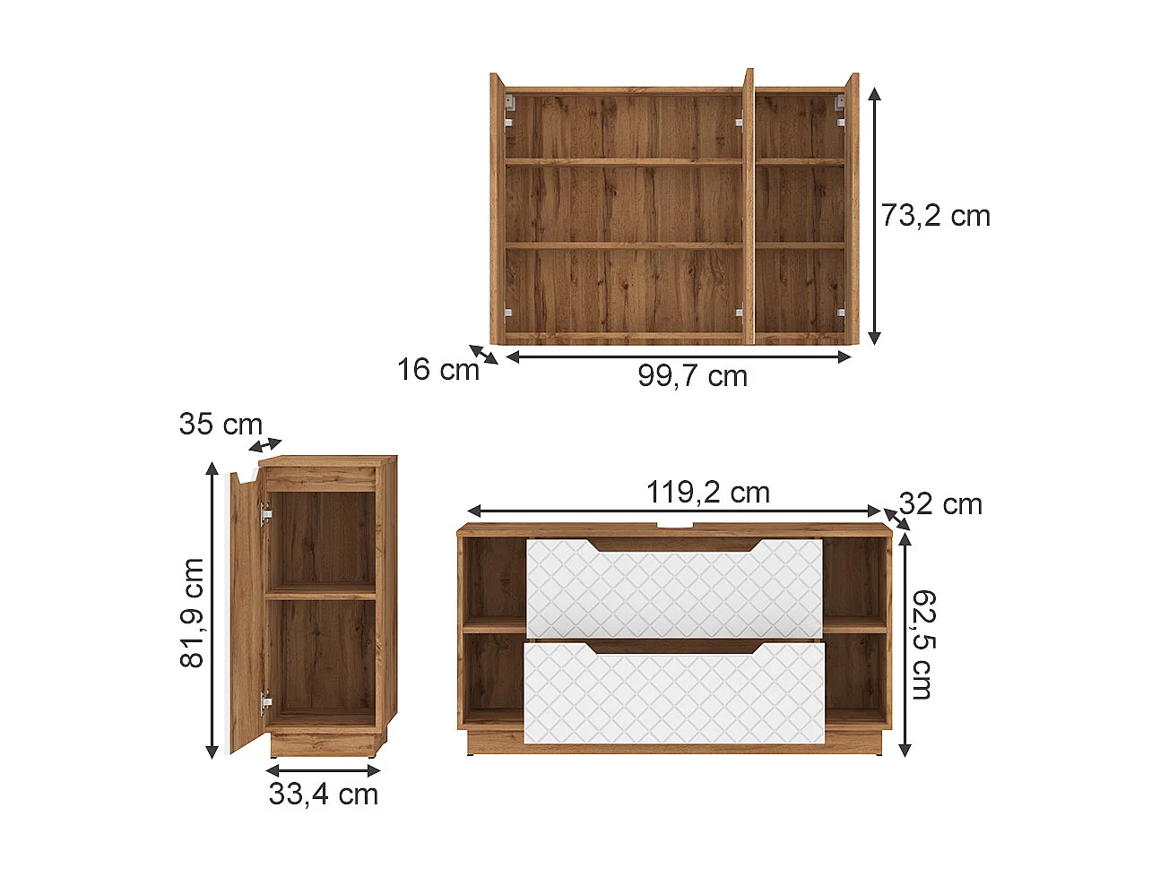 Meubles bain chêne/blanc avec structure en carreaux 119.2x35x62.5 lotta