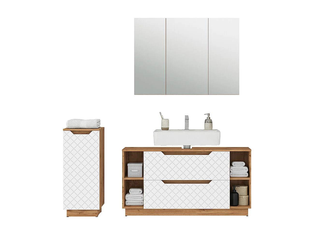 Meubles bain chêne/blanc avec structure en carreaux 119.2x35x62.5 lotta