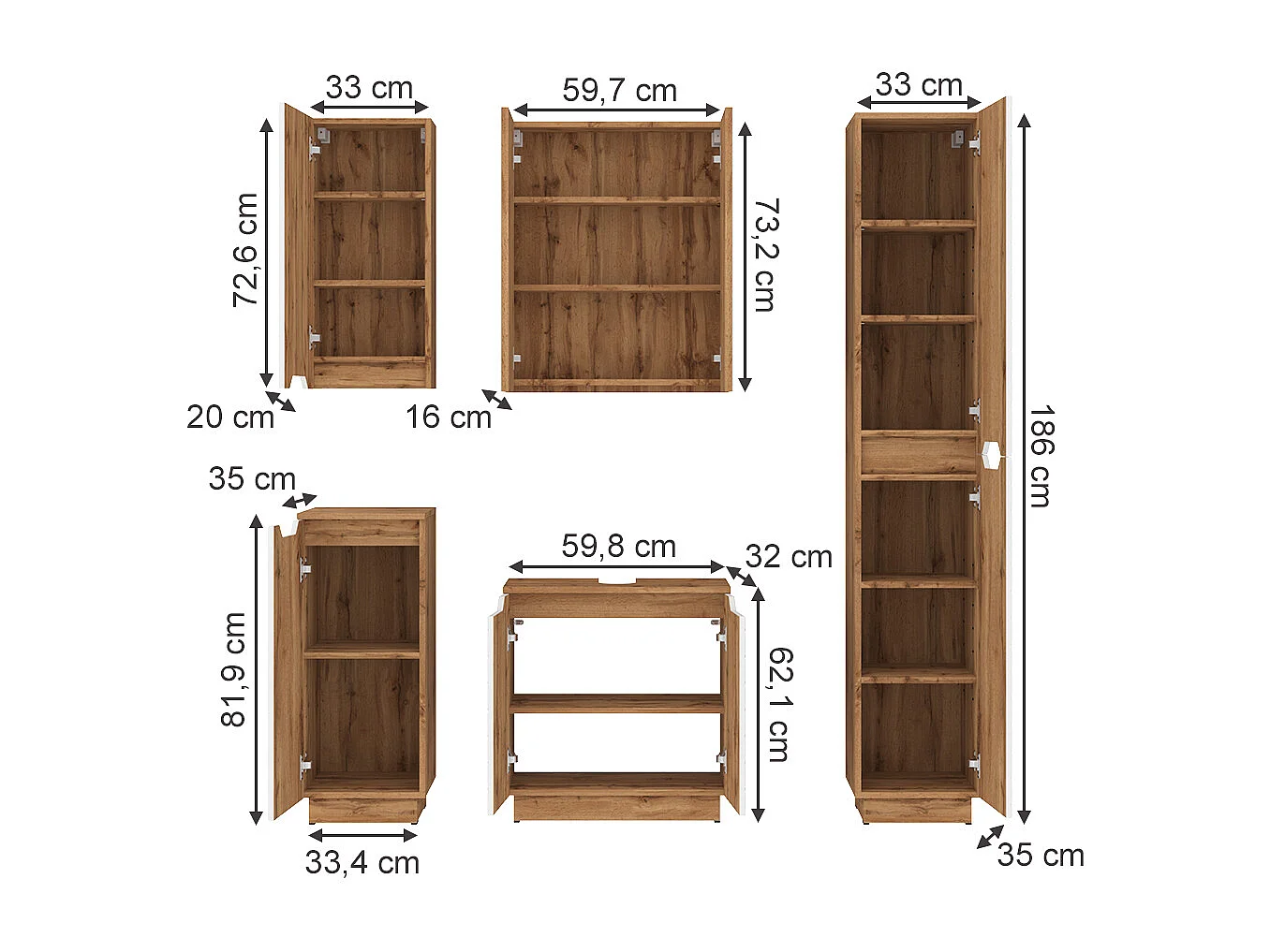 Badkamermeubelset eiken/wit met tegelstructuur 59.8x32x62.1 lotta
