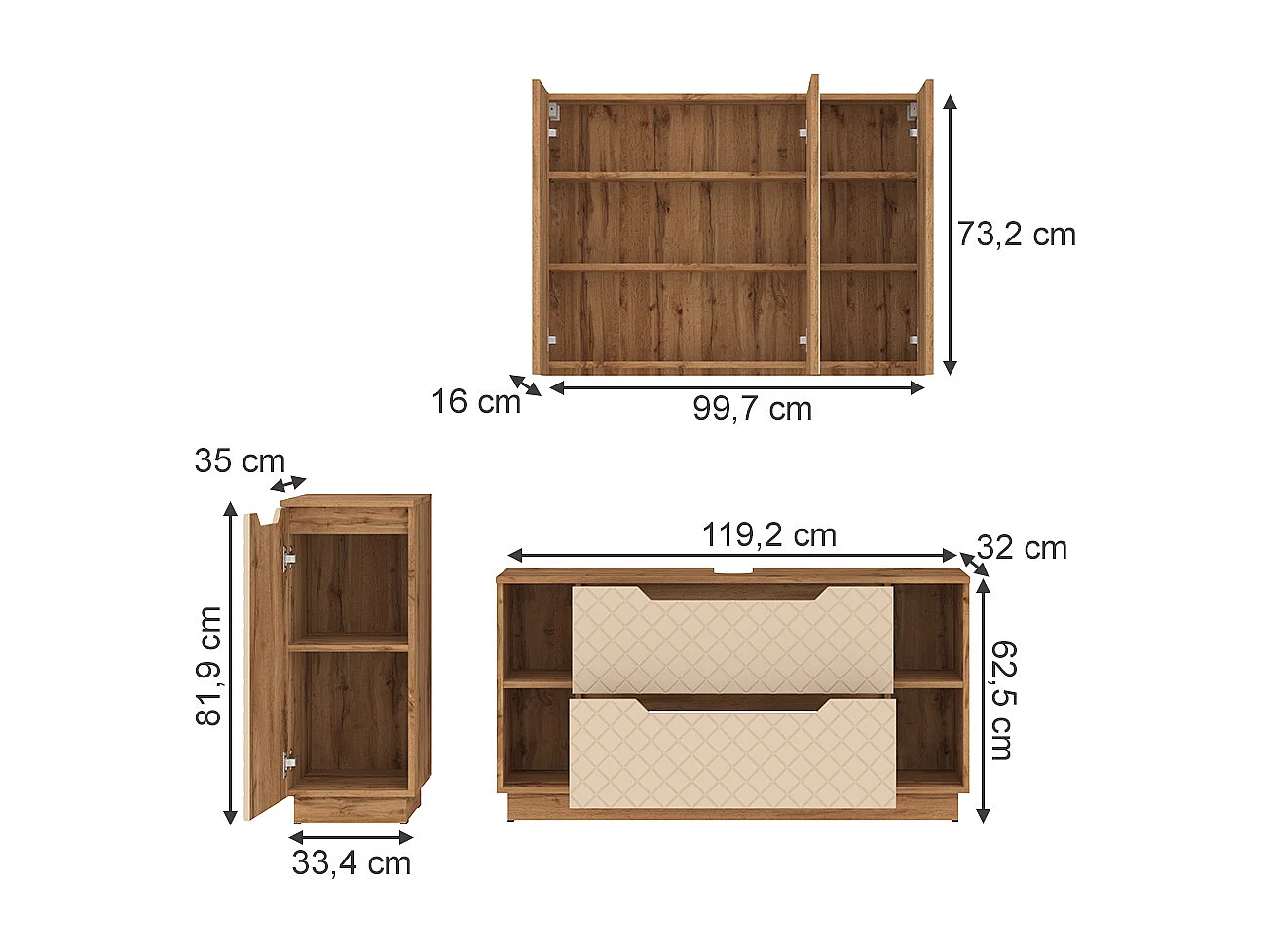 Badmöbel-Set eiche/kaschmir mit kachelstruktur 119.2x35x62.5 lotta