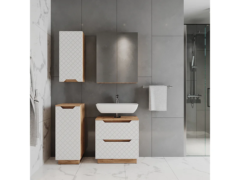 Meubles bain chêne/blanc avec structure en carreaux 59.8x32x62.5 lotta