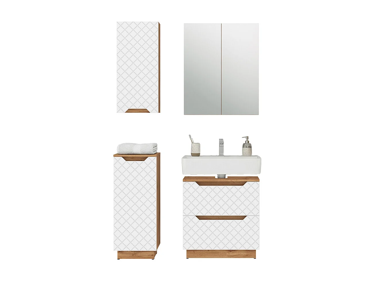 Meubles bain chêne/blanc avec structure en carreaux 59.8x32x62.5 lotta