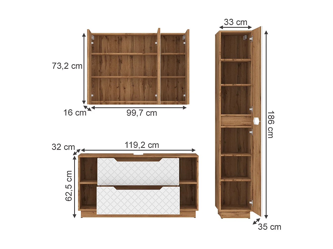 Meubles bain chêne/blanc avec structure en carreaux 119.2x35x62.5 lotta