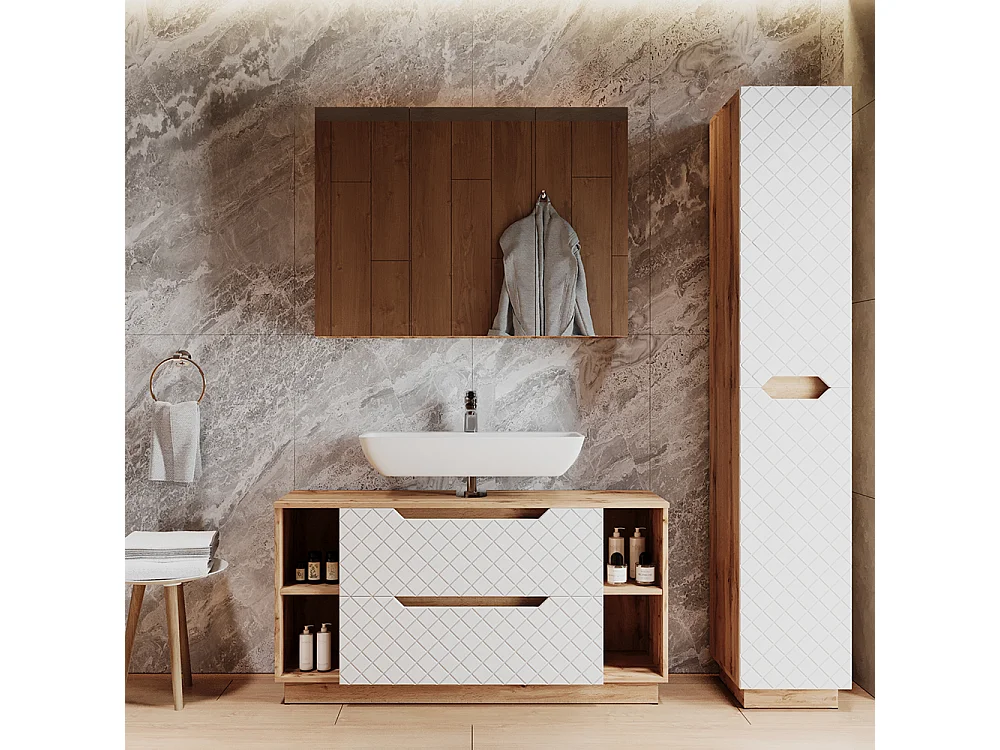 Meubles bain chêne/blanc avec structure en carreaux 119.2x35x62.5 lotta