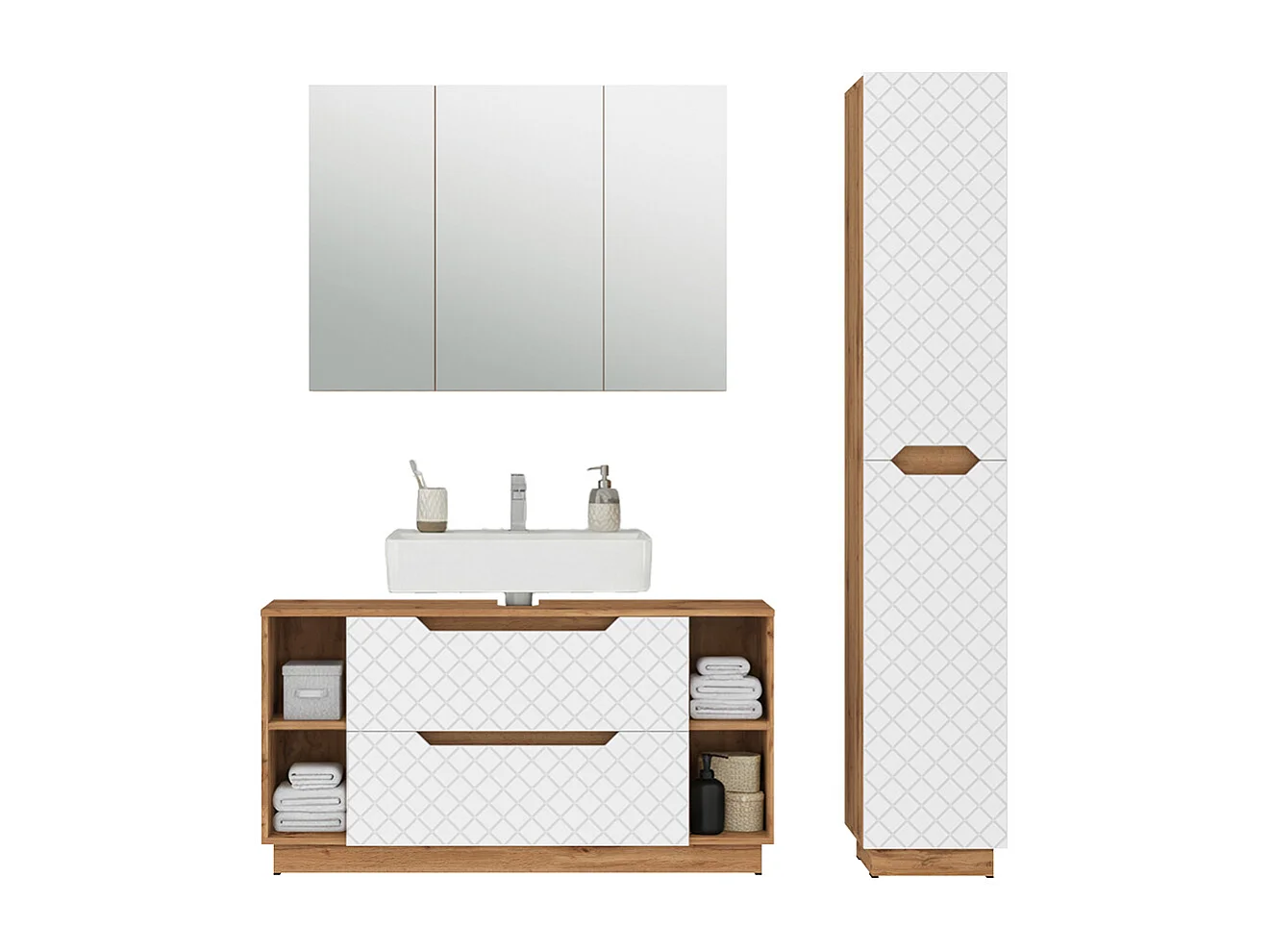 Meubles bain chêne/blanc avec structure en carreaux 119.2x35x62.5 lotta