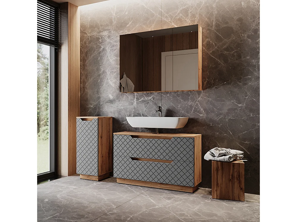 Badmöbel-Set eiche/grau mit kachelstruktur 99.4x32x62.5 lotta