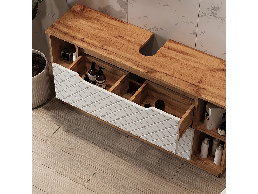 Meubles bain chêne/blanc avec structure en carreaux 119.2x35x62.5 lotta