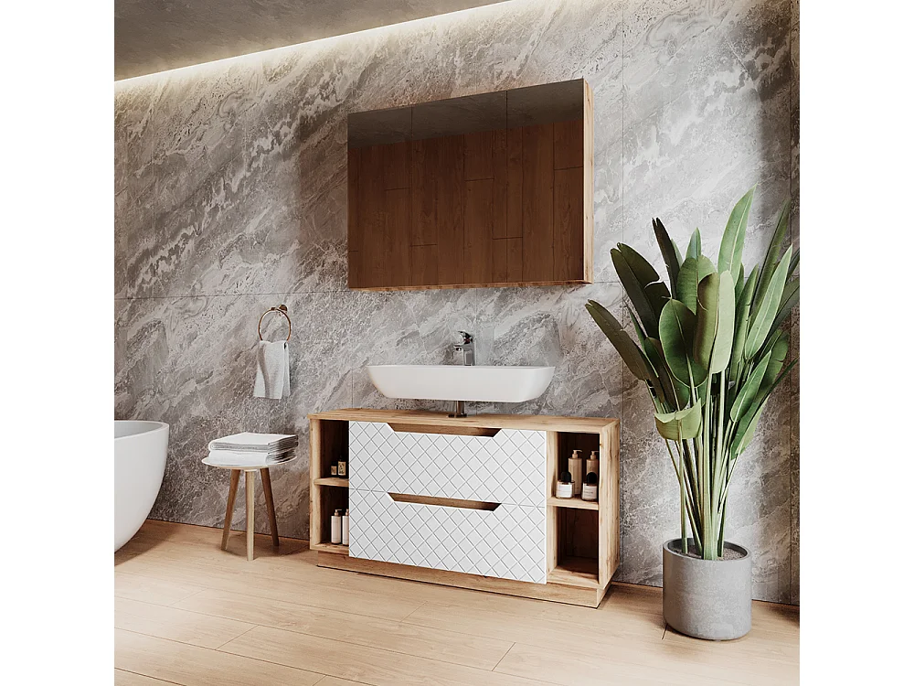 Meubles bain chêne/blanc avec structure en carreaux 119.2x35x62.5 lotta