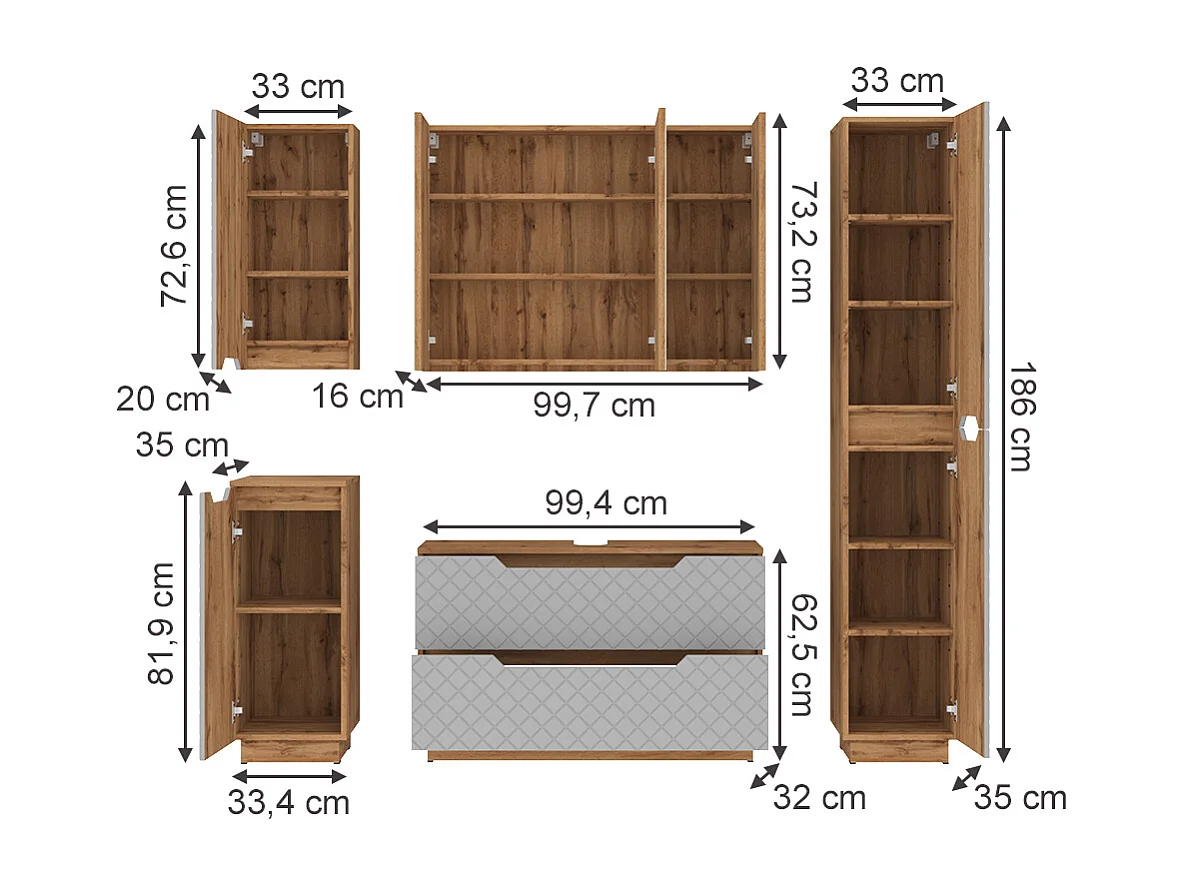 Badmöbel-Set eiche/grau mit kachelstruktur 99.4x32x62.5 lotta