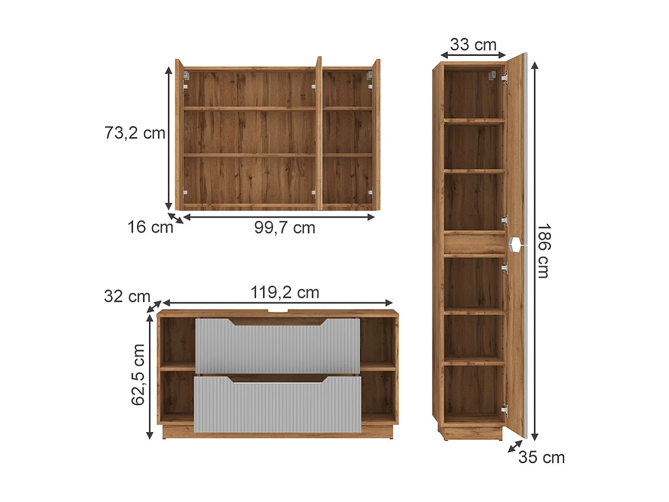 Meubles bain chêne/gris rayé 119.2x35x62.5 lotta