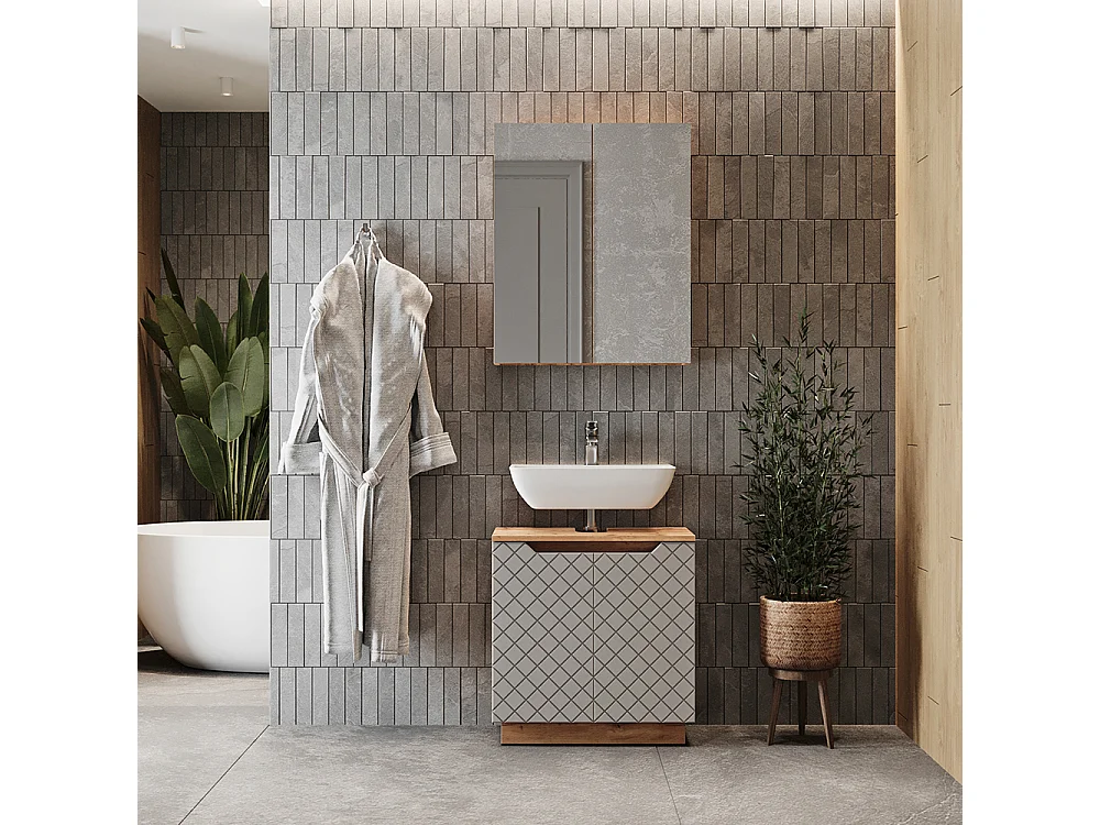 Badmöbel-Set eiche/grau mit kachelstruktur 59.8x32x62.1 lotta