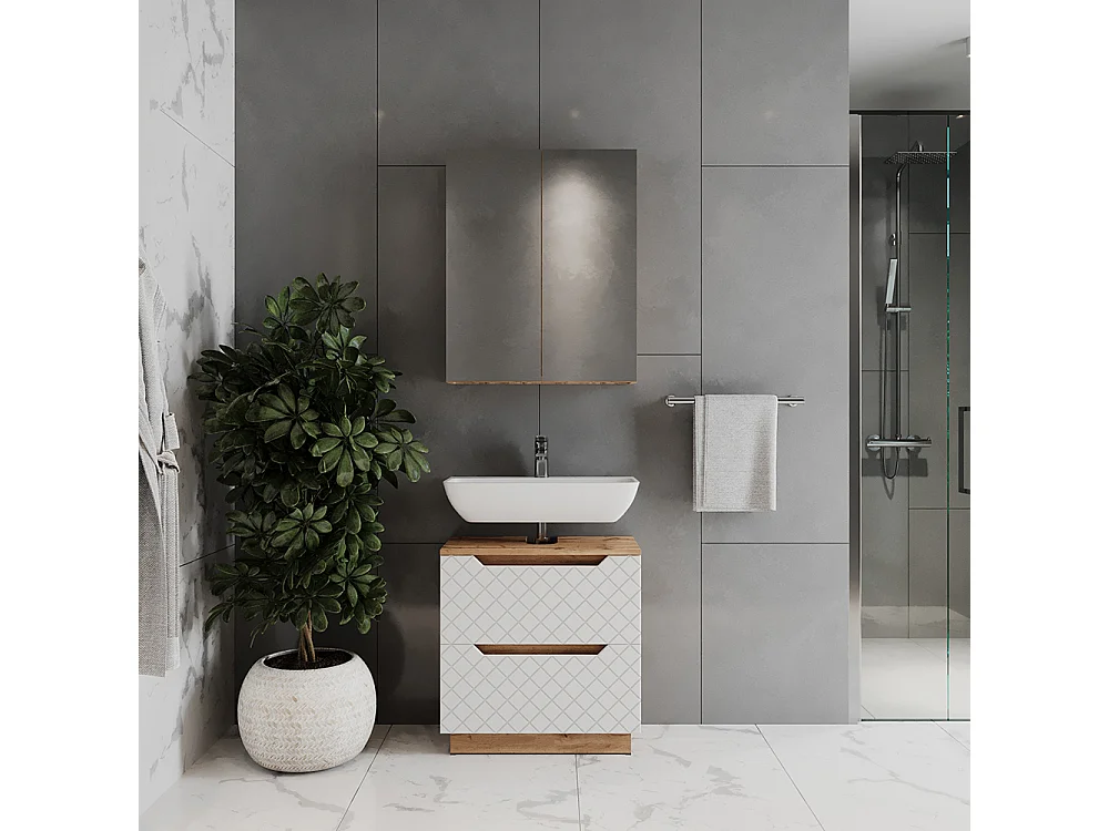 Meubles bain chêne/blanc avec structure en carreaux 59.8x32x62.5 lotta