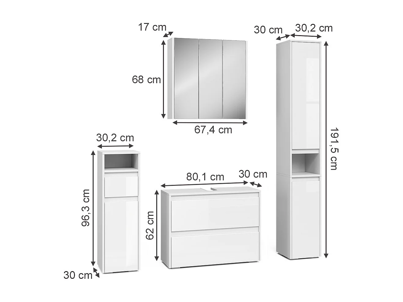 Zestaw mebli łazienkowych biały/biały wysoki połysk 30.2x30x96.3 majest