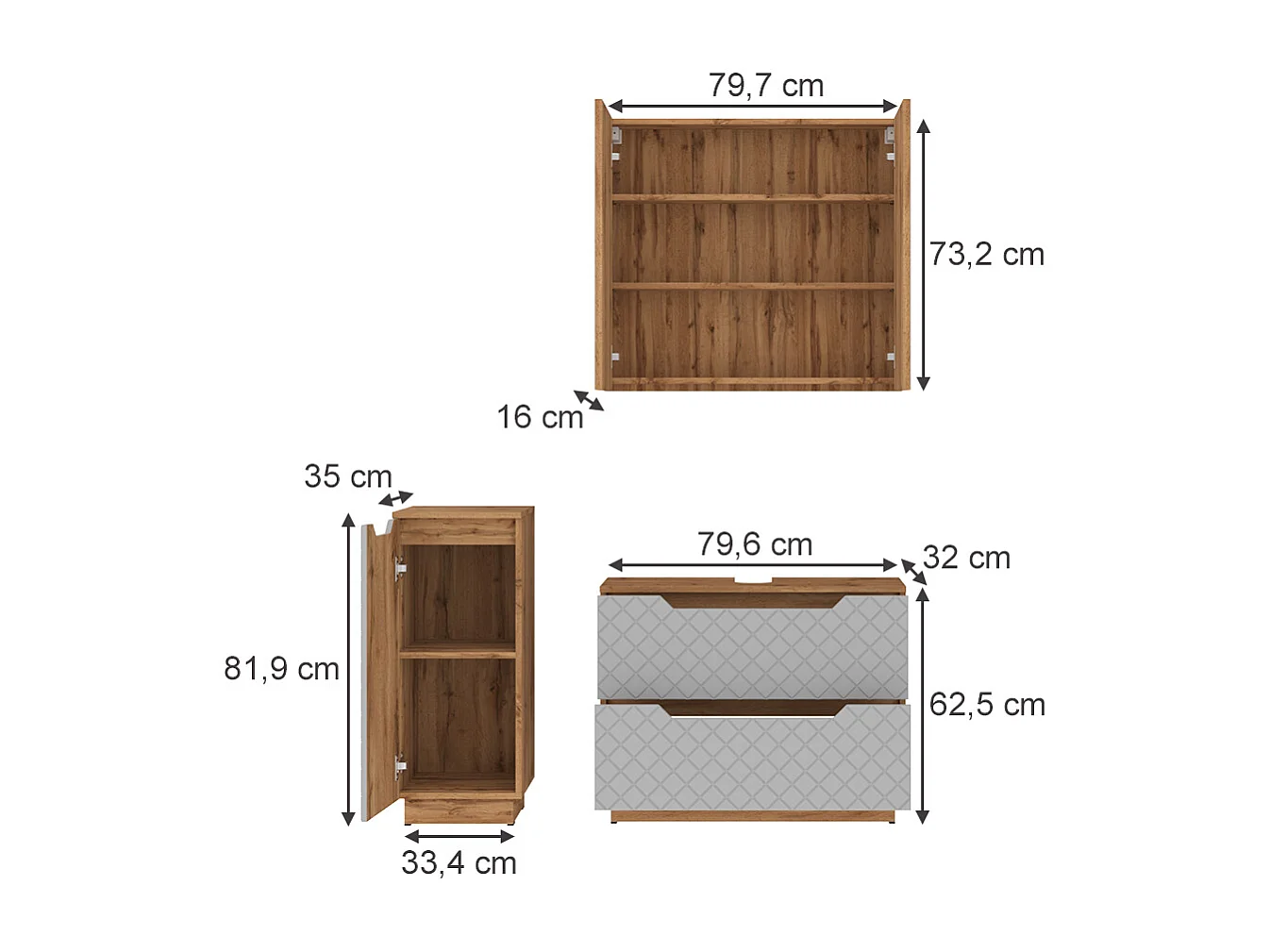 Badmöbel-Set eiche/grau mit kachelstruktur 79.6x32x62.5 lotta