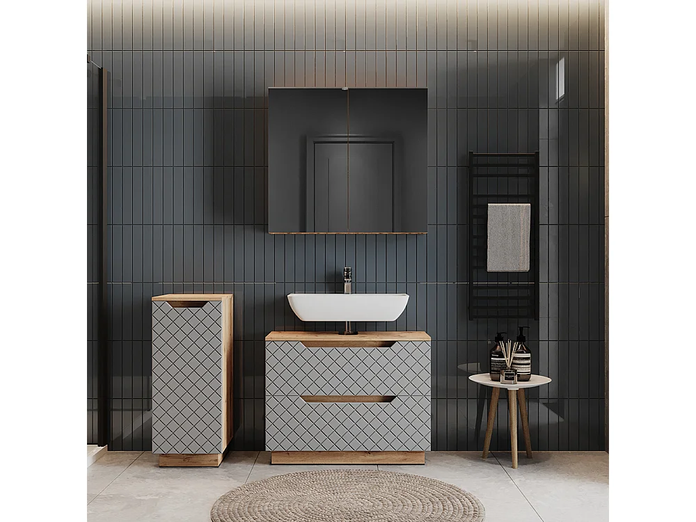 Badmöbel-Set eiche/grau mit kachelstruktur 79.6x32x62.5 lotta