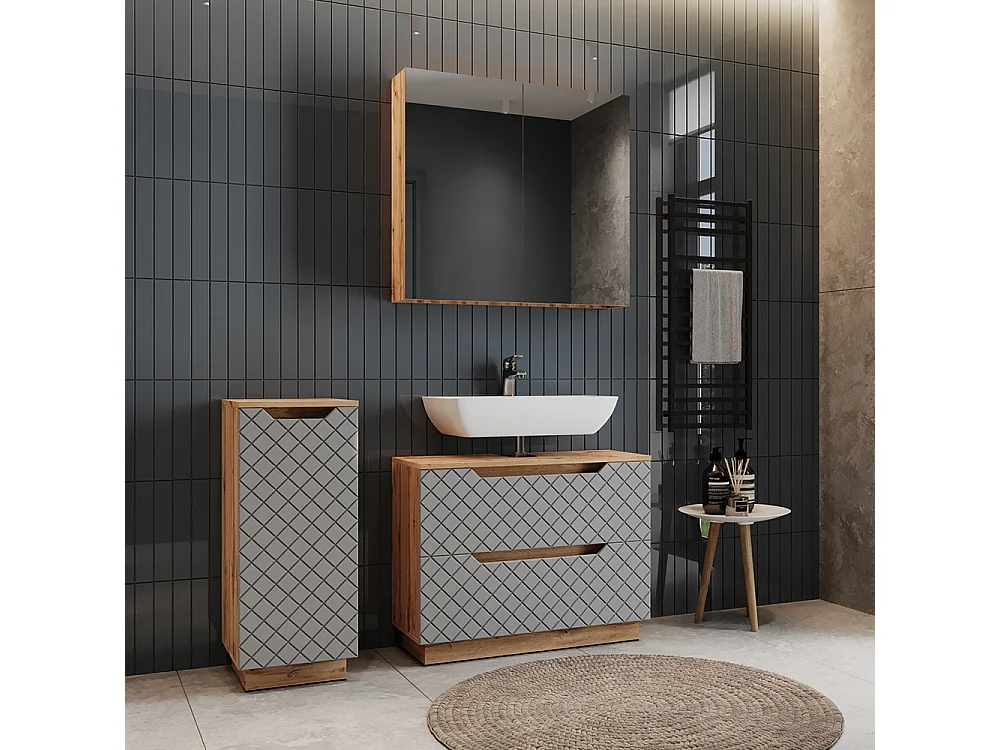 Badmöbel-Set eiche/grau mit kachelstruktur 79.6x32x62.5 lotta