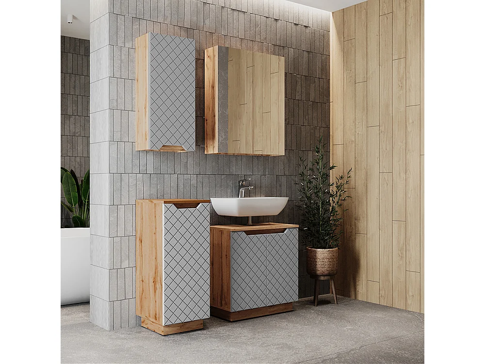Badmöbel-Set eiche/grau mit kachelstruktur 59.8x32x62.1 lotta