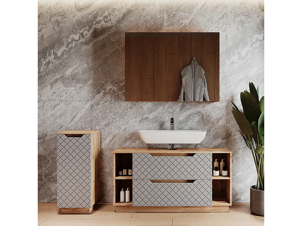 Meubles bain chêne/gris avec structure en carreaux 119.2x35x62.5 lotta