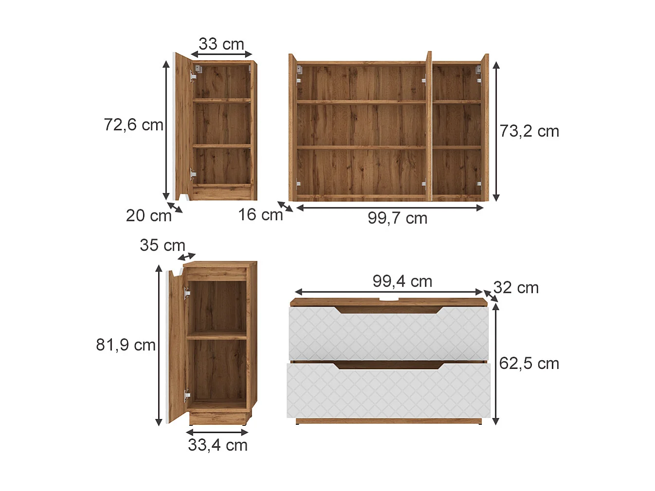 Set di mobili da bagno rovere/bianco con struttura in piastrelle 99.4x32x62.5 lotta