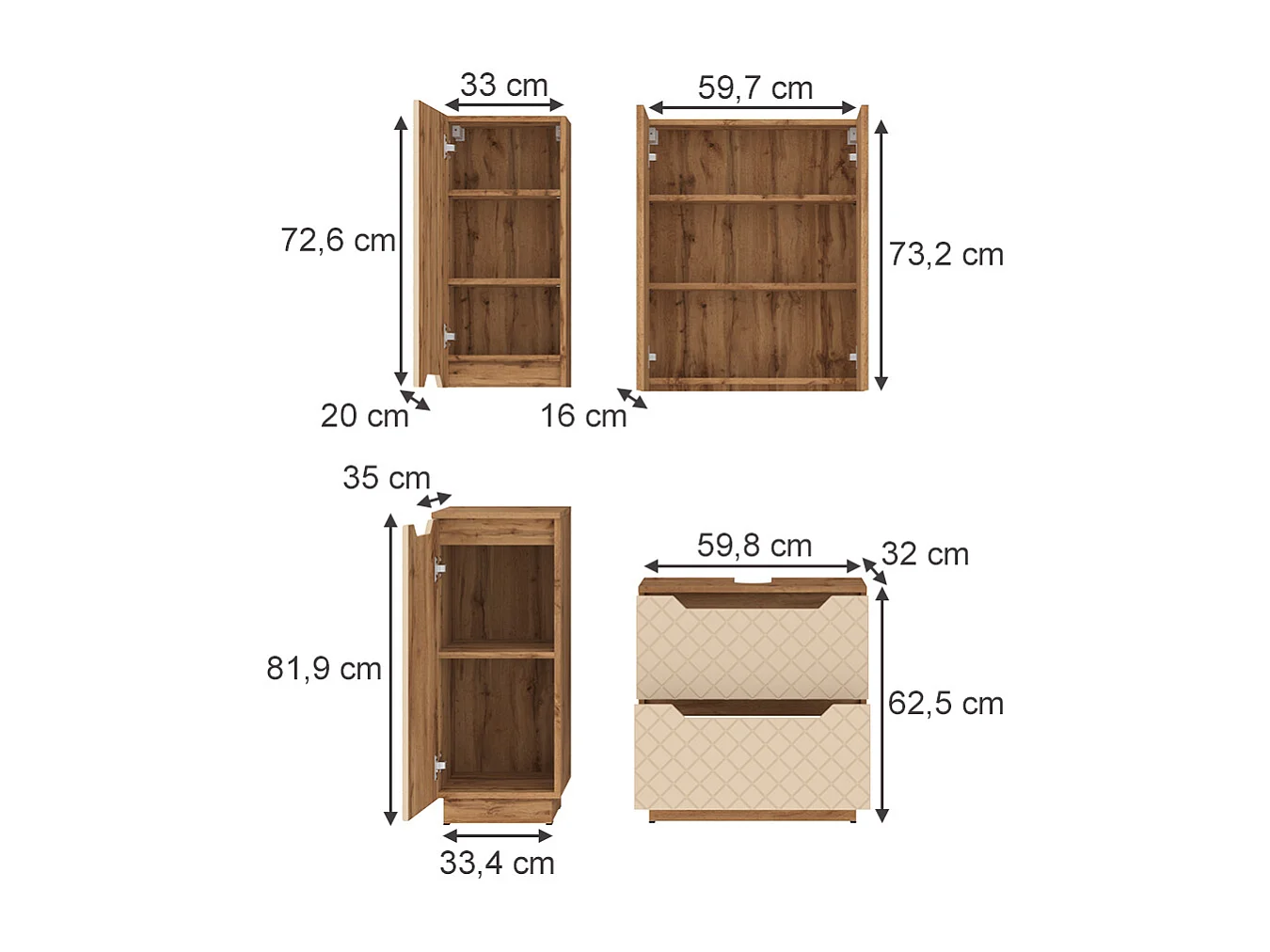 Conjunto de muebles de baño roble/cachemira con estructura de azulejos 59.8x32x62.5 lotta