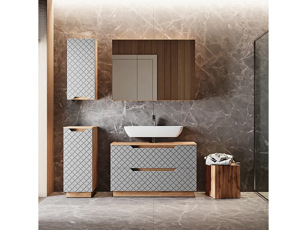 Badmöbel-Set eiche/grau mit kachelstruktur 99.4x32x62.5 lotta